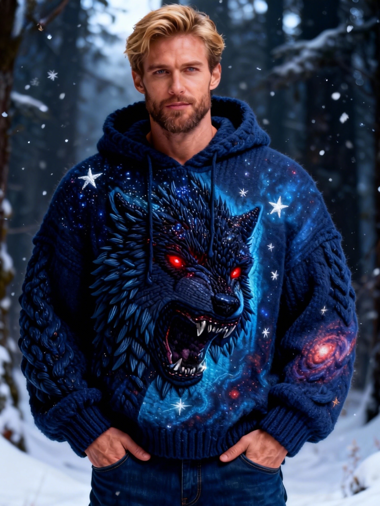 Men's Starry Sky Red-Eyed Wolf Chunky Knit Hooded Sweater