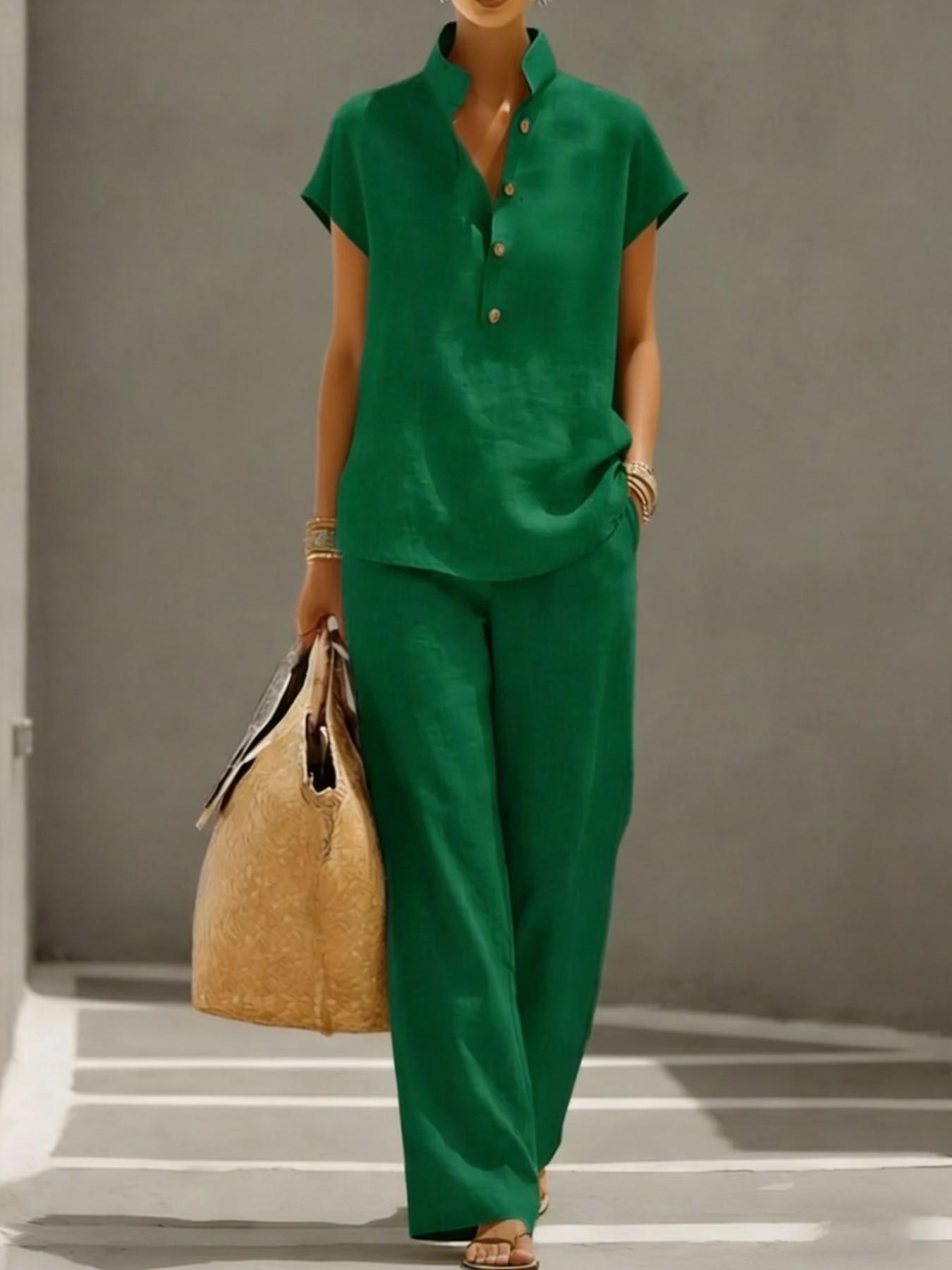 Women's Summer Short Sleeve + Long Pants Set, Solid Color Linen Cotton Design, Simple Fashion Style, Ideal for Vacation and Casual Wear, Button, Womenswear