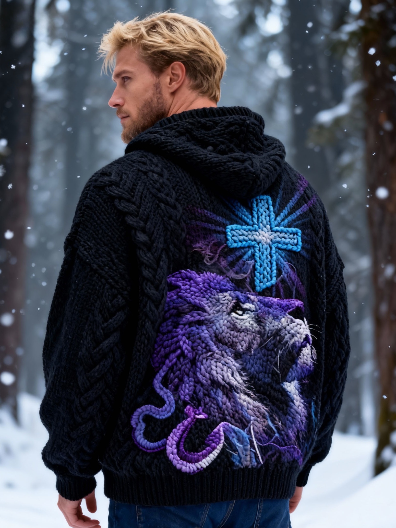 Men's Lion Looking Up at the Cross Chunky Knit Hooded Sweater Cardigan