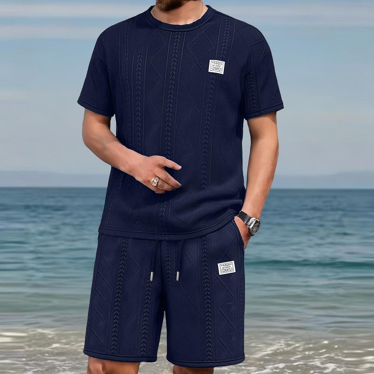 Men's Summer Casual Sports Suit 2-Piece texture Set Jacquard Texture Fabric Breathable Round Neck T-Shirt & Shorts Formal Tropical Man Top Suits Menswear Clothes Crewneck Shortsleeve  Suitable for daily leisure running tiktok shop deals gifts for him Spri
