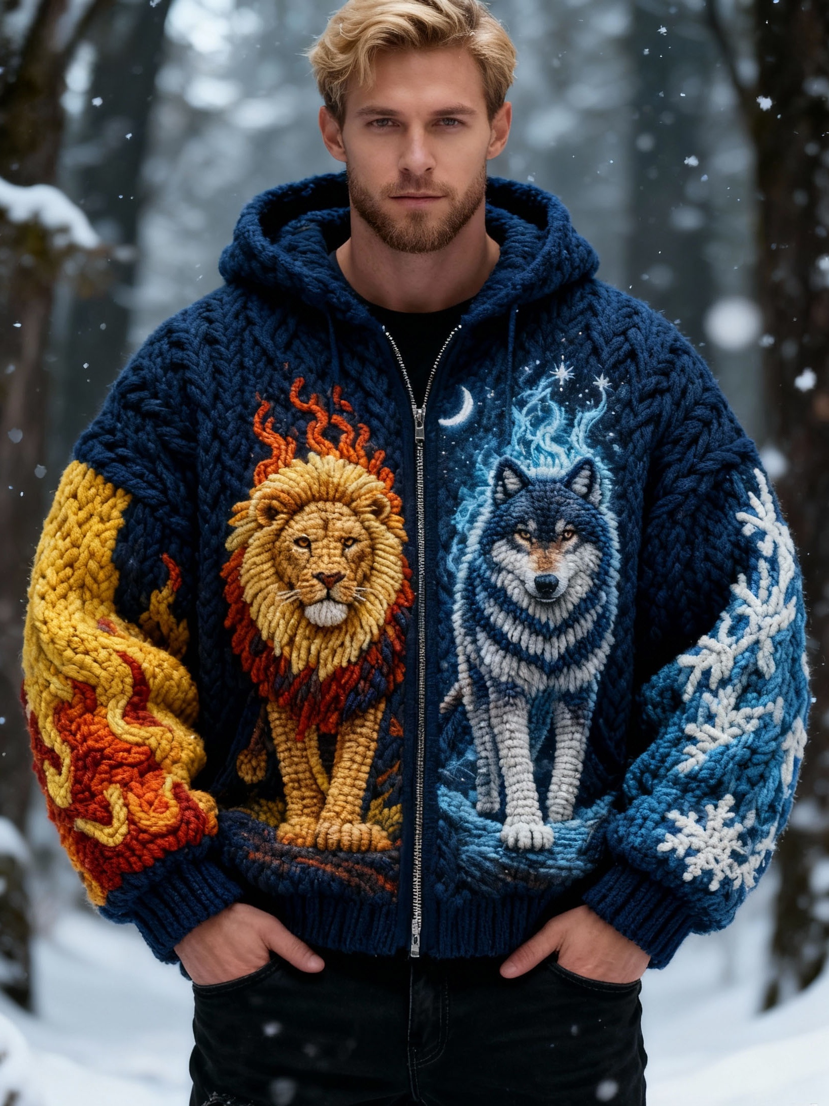Men's Fire Lion Ice Wolf Zipper Chunky Knit Hooded Color Block Sweater