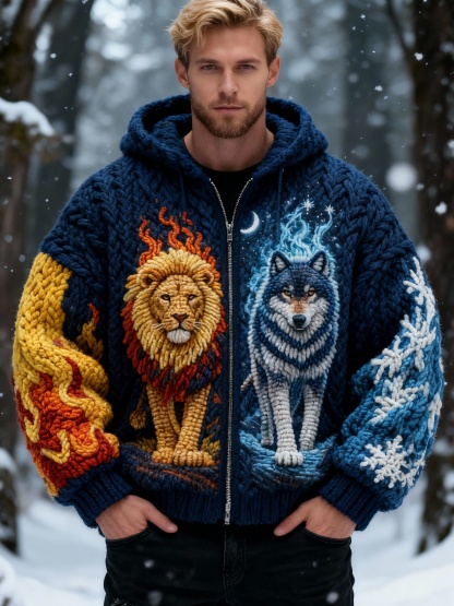 Men's Fire Lion Ice Wolf Zipper Chunky Knit Hooded Color Block Sweater