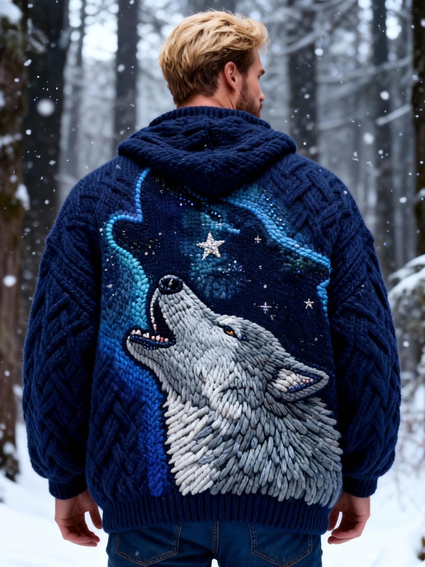 Men's Starry Night Fluorescent Howling Wolf Hooded Sweater Cardigan