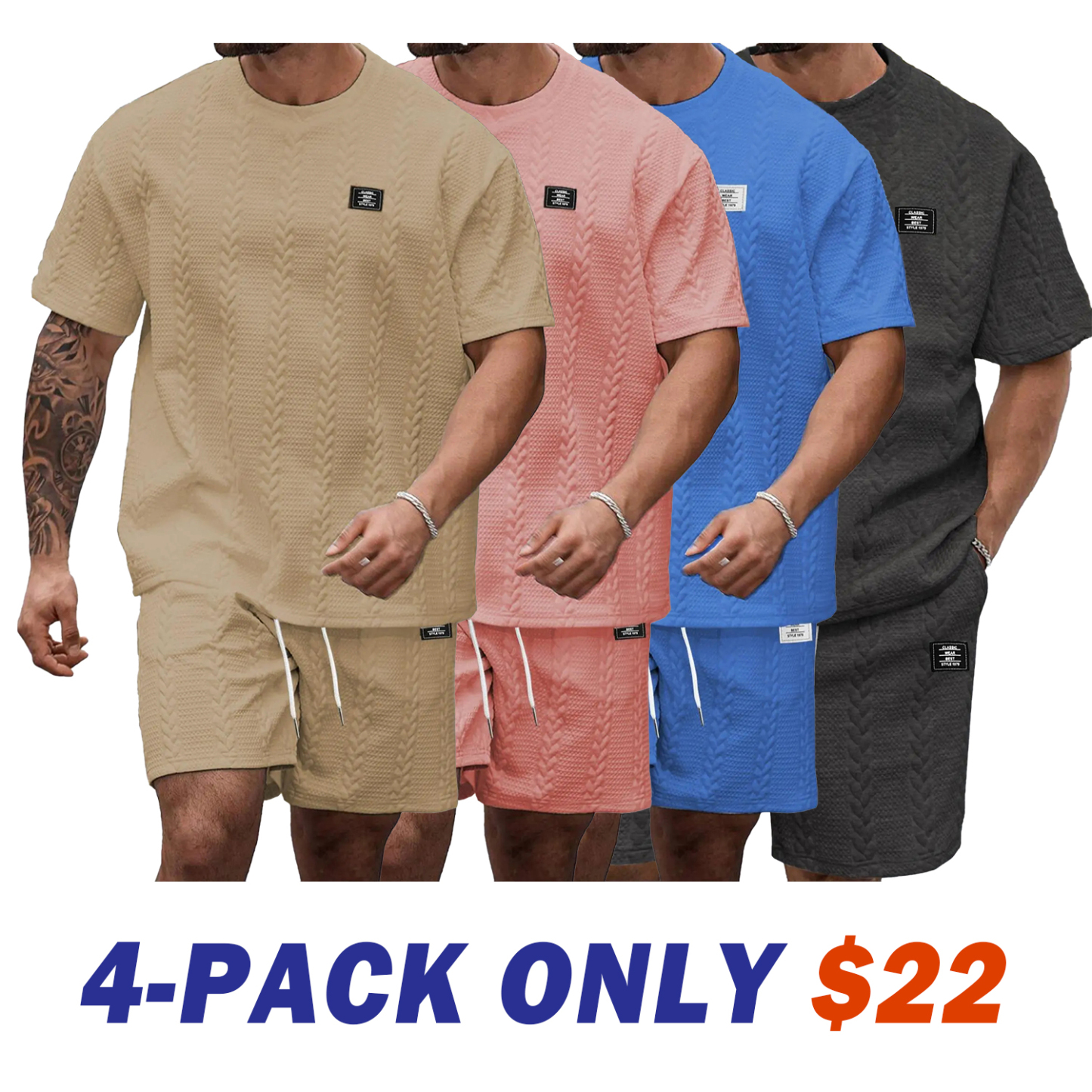 Men's Solid Textured Knit Patched Tee & Drawstring Waist Shorts Set