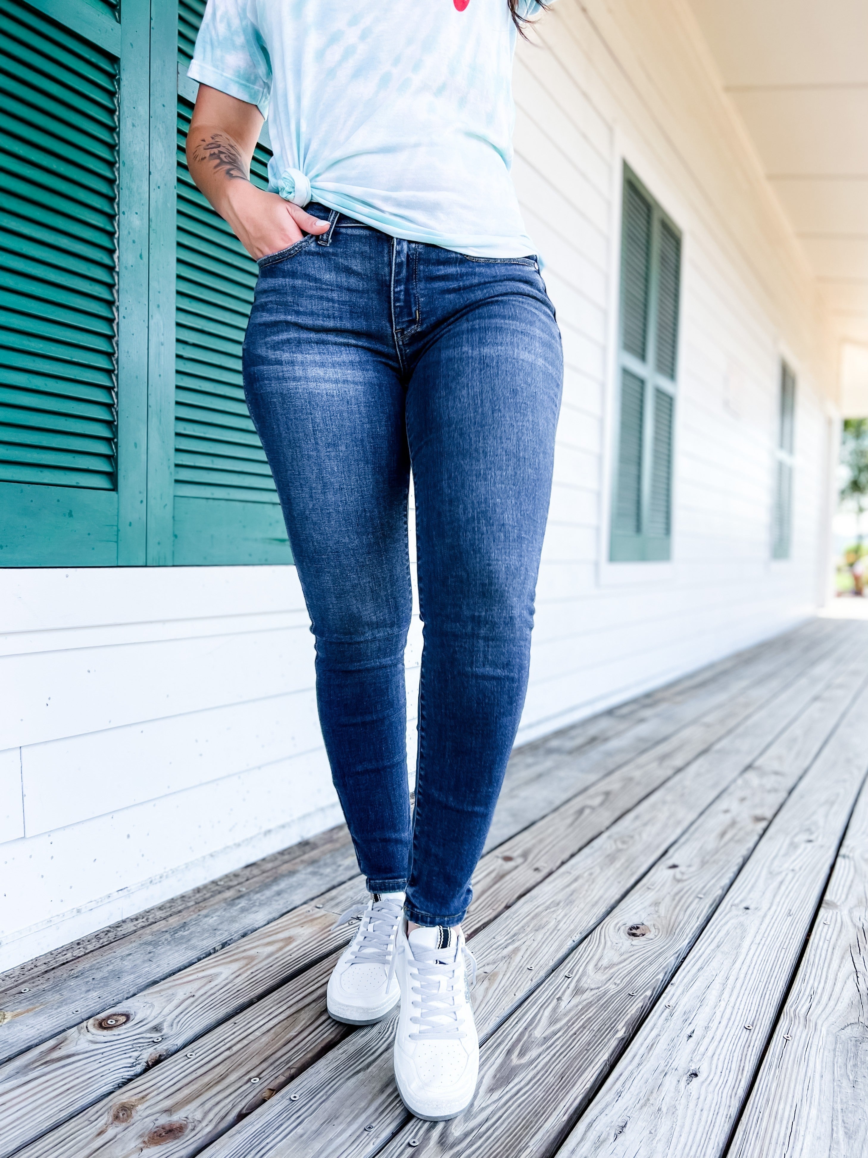   8 Days A Week  Medium Wash Mid Rise Skinny jeans with Handsanding