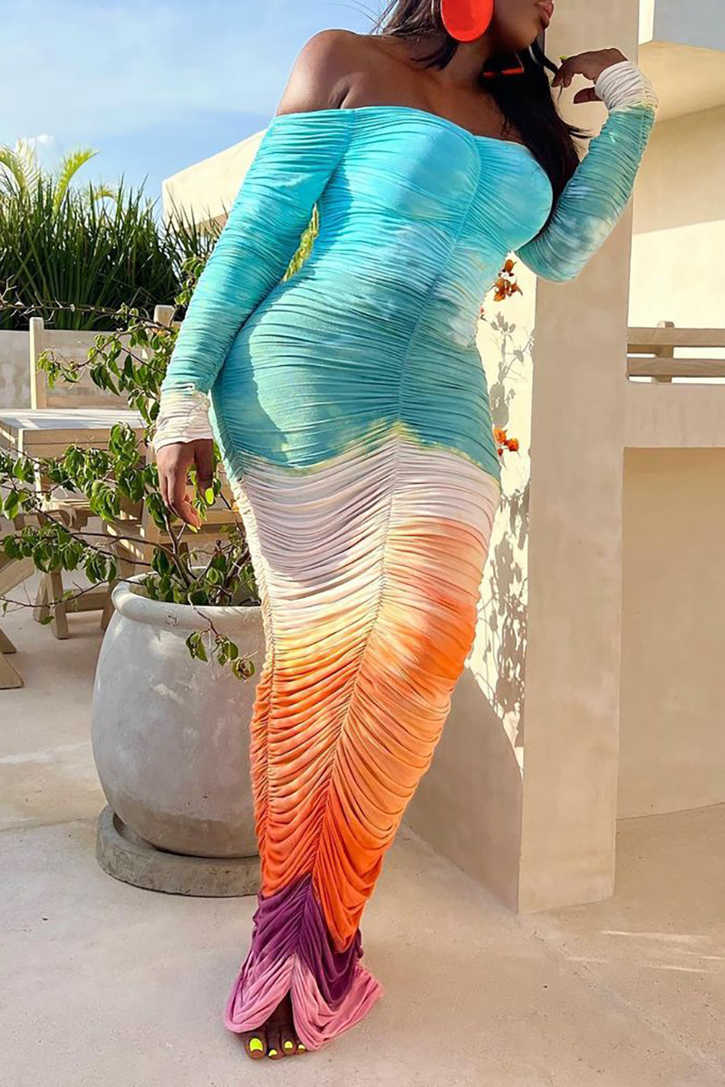 Plus Size Orange Gradient Party Ruched Slim Fit Maxi Dresses