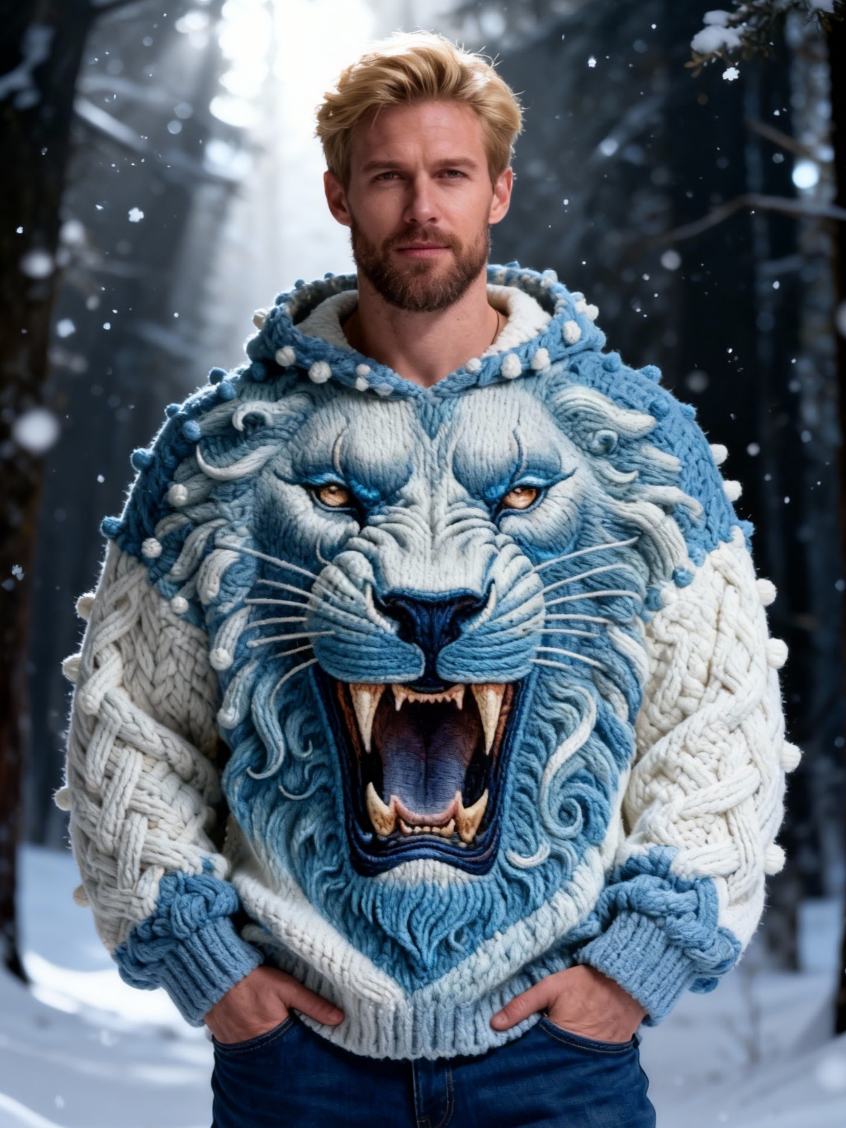 Men's Roaring Lion Chunky Knit Pom-Pom Hooded Sweater