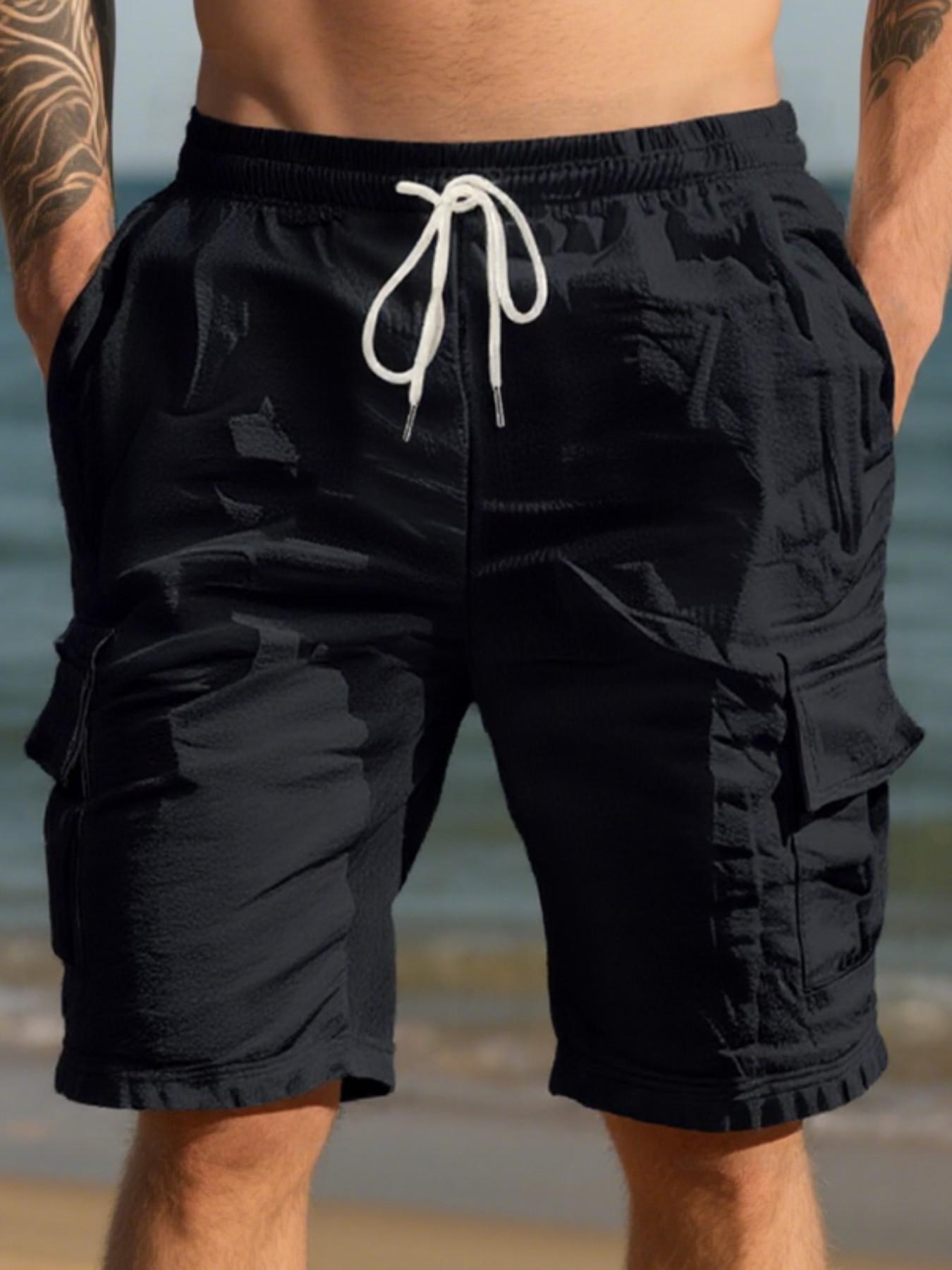Men's Multi-Pocket Linen cargo shorts, Drawstring Waist Fitted Casual Shorts, Lightweight Breathable Beach Pants for Summer Outdoor Daily Wear