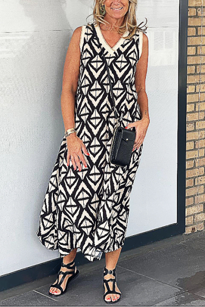 V Neck Retro Geometric Pattern Loop Loose Casual Dress