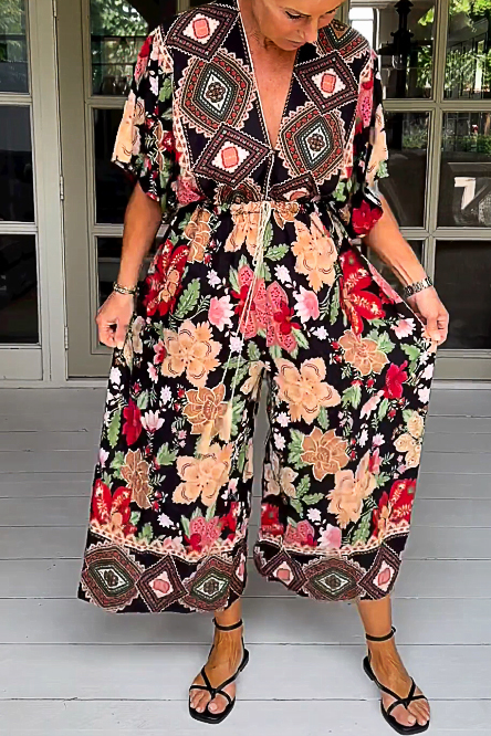 V Neck Vintage Geometric Floral Jumpsuit