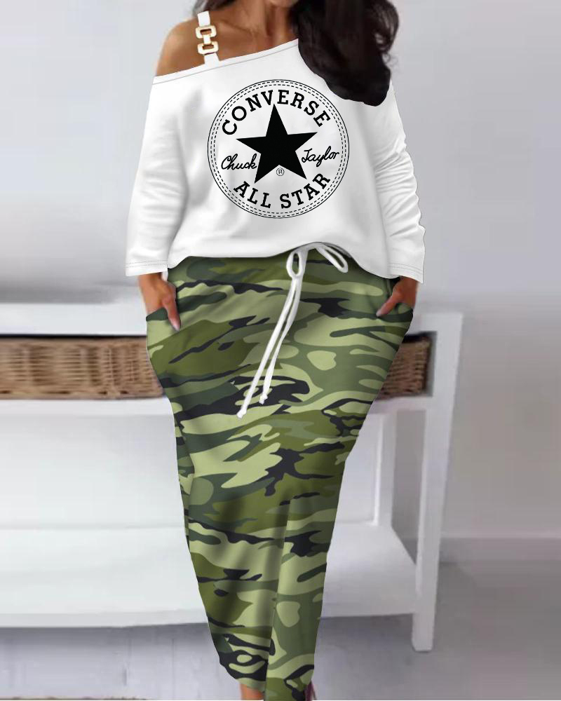 Converse Plus Size Nope Not Today Camouflage Print Top & Drawstring Skirt Set