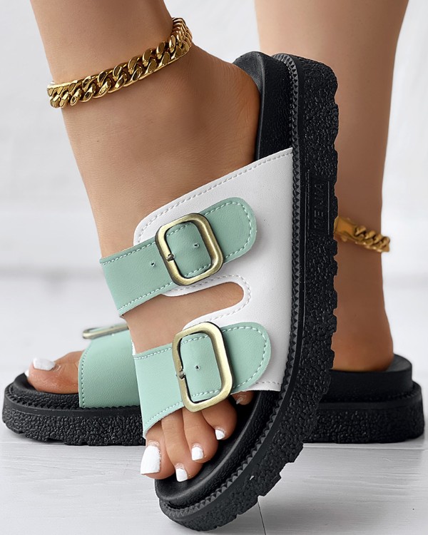 Colorblock Buckled Double Strap Slippers Outdoor Sandals