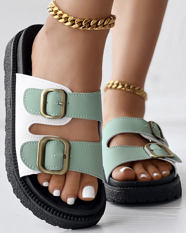 Colorblock Buckled Double Strap Slippers Outdoor Sandals
