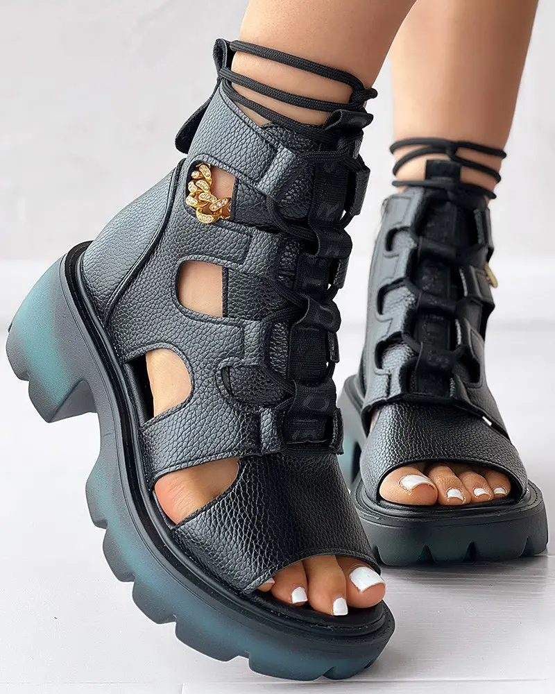 Ombre Lace-up Peep Toe Platform Sandals