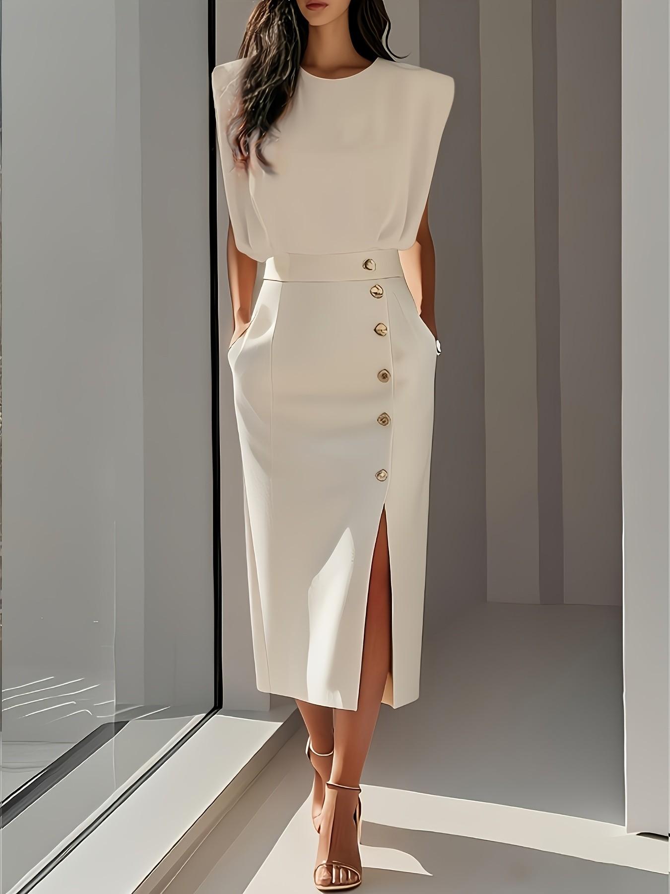 New Elegance Commuter Slimming Fashion Dress, Button Split Versatile Striped Mid-Length Women's Dress, Stylish Office Wear