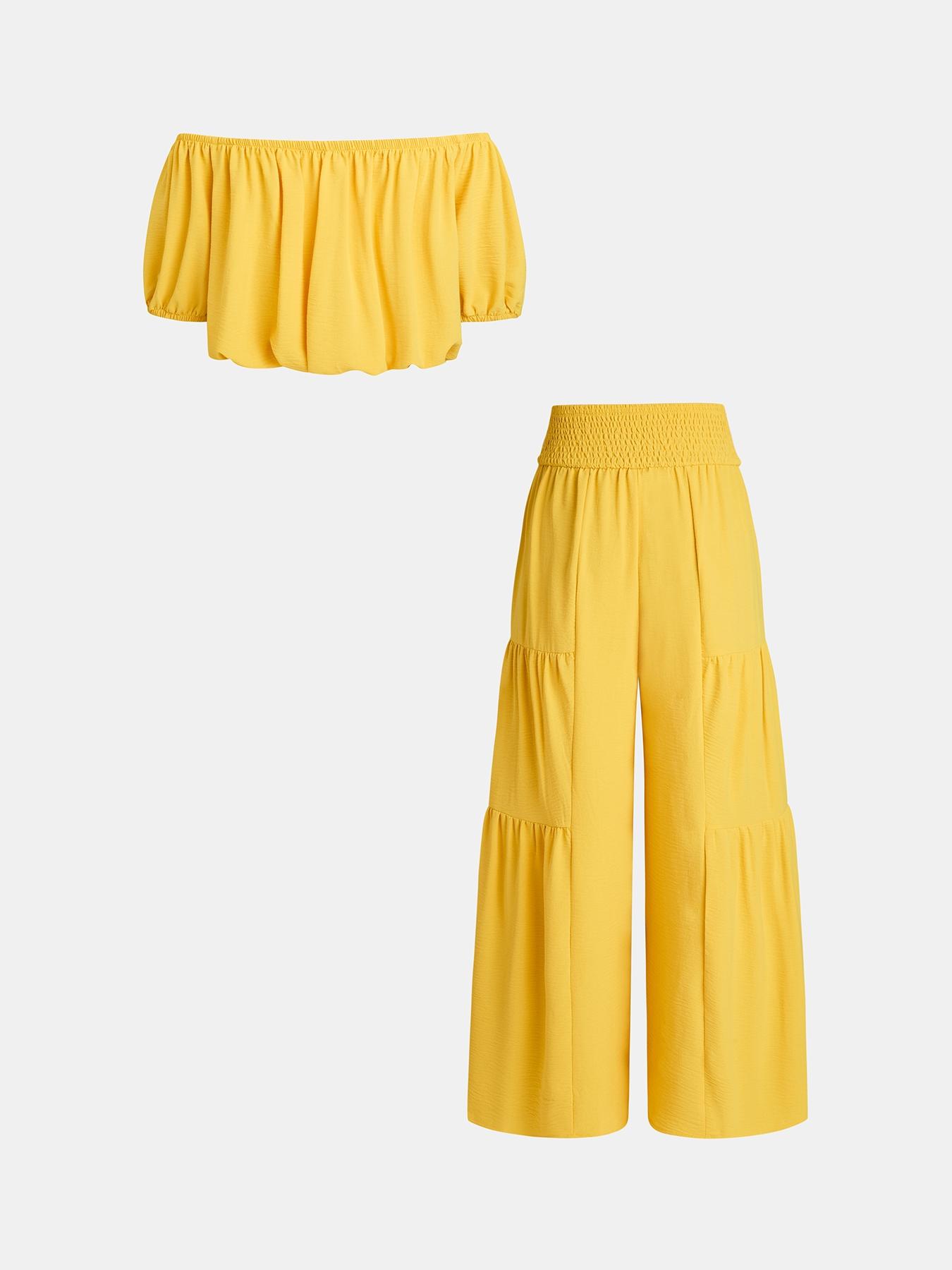 Summer Beach Vacation Bow Shoulderless Round Neck Shirt Wide Leg Pants Set, Casual Loose-Fitting, Women's Fashion, Womenswear