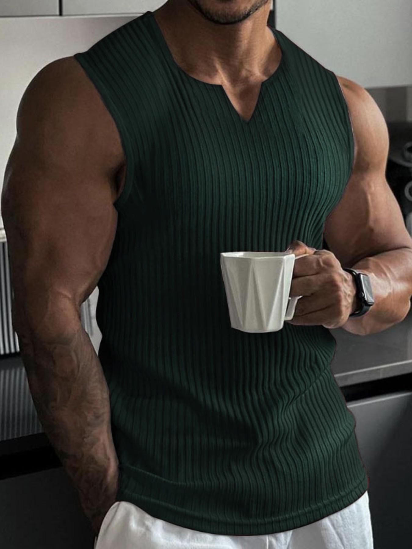 Men's Spring ＆ Summer Outfits Plain V Neck Sleeveless Pullover Vest T-Shirt for Daliy Wear, Gym Wear Ribbed Texture, Casual Sporty Versatile Wear, Must-Have for Men's Wardrobe, Sleeveless Sports Vest, Workout Vest, Fitness Workout Vest