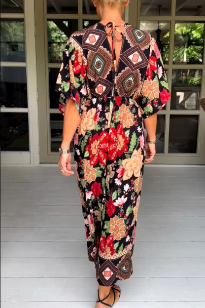 V Neck Vintage Geometric Floral Jumpsuit
