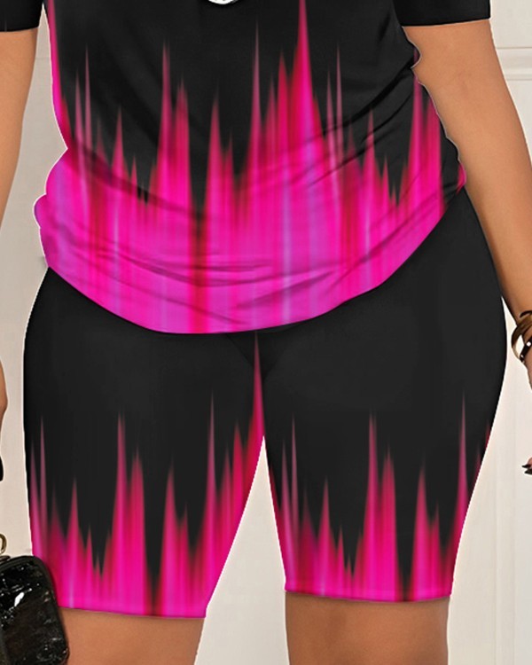 Abstract Print Colorblock Cold Shoulder Top & Shorts Set