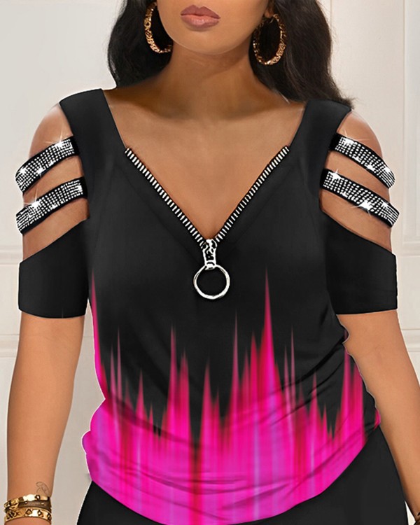Abstract Print Colorblock Cold Shoulder Top & Shorts Set