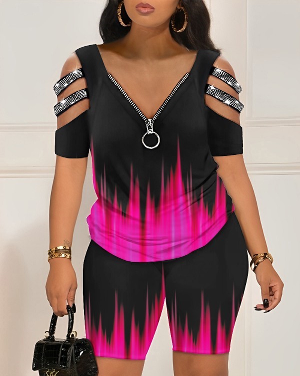 Abstract Print Colorblock Cold Shoulder Top & Shorts Set