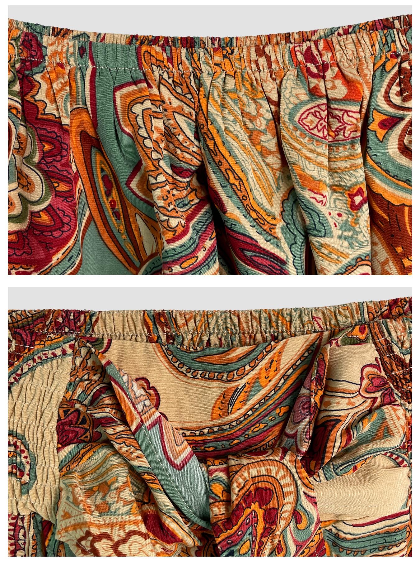 Women's Summer Paisley Print Vintage Aesthetic Vacation Two-Piece Set, Off-Shoulder Bubble Sleeve Crop Top + High Waist Drawstring Wide Leg Pants