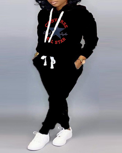 Converse Plus Size Leopard Print Long Sleeve Hoodie & Pants Set 