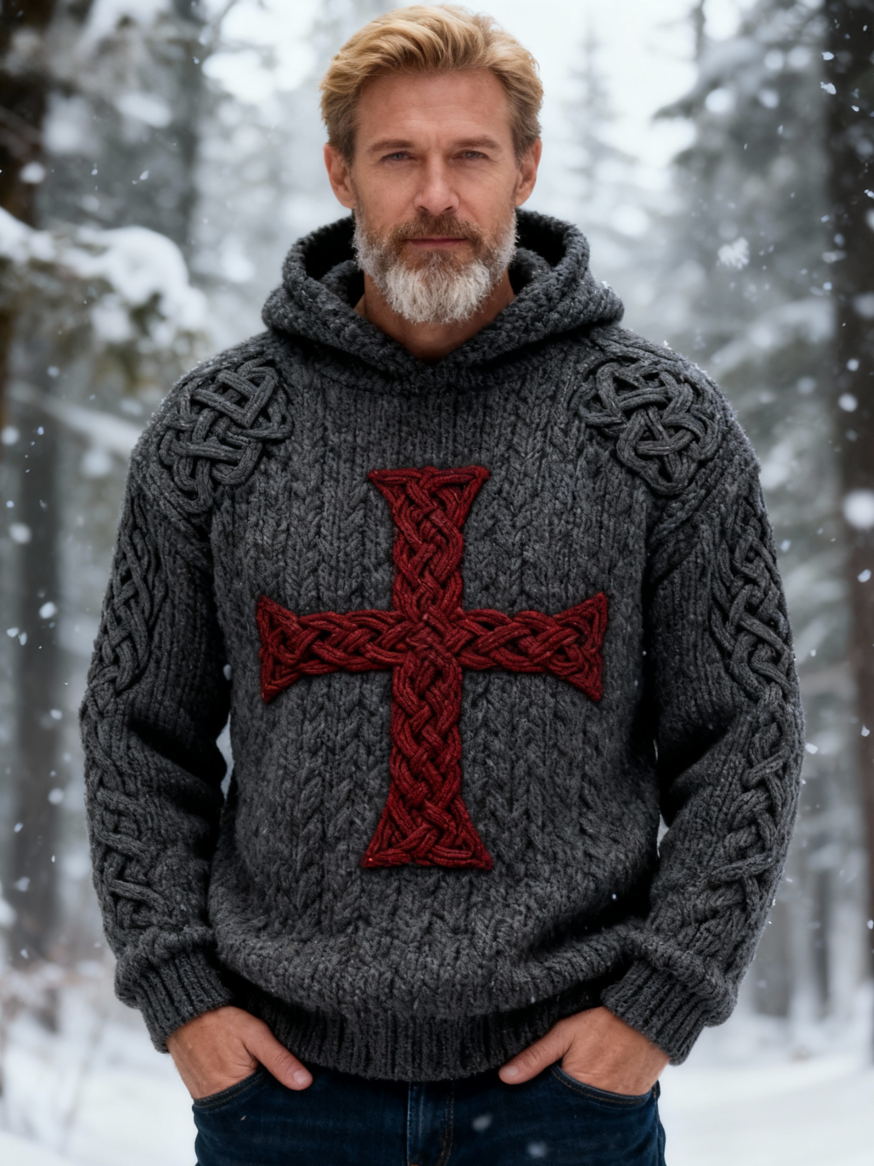 Men's Retro Cross Kettle Knot Chunky Knit Hooded Sweater