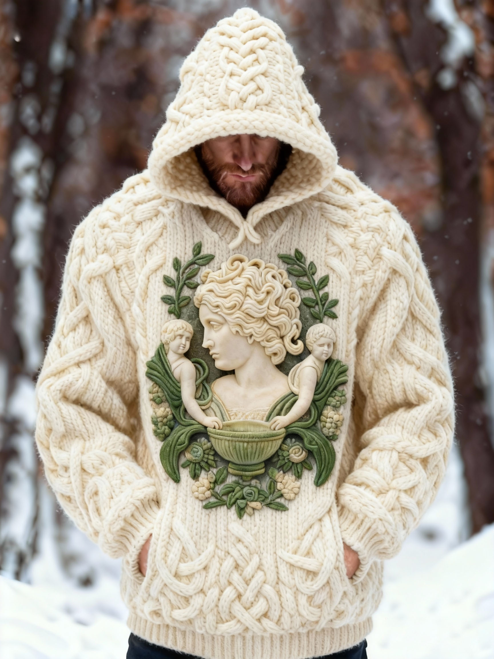 Men's Greek Roman Goddess & Cherubs Chunky Knit Hooded Sweater