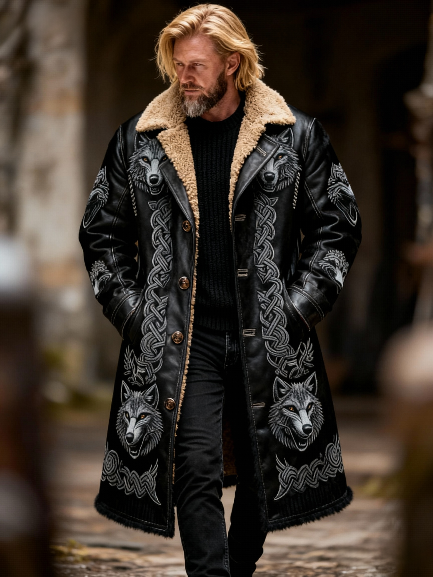 Men's Viking Wolf Head Kettle Knot Fleece Collar Leather Jacket