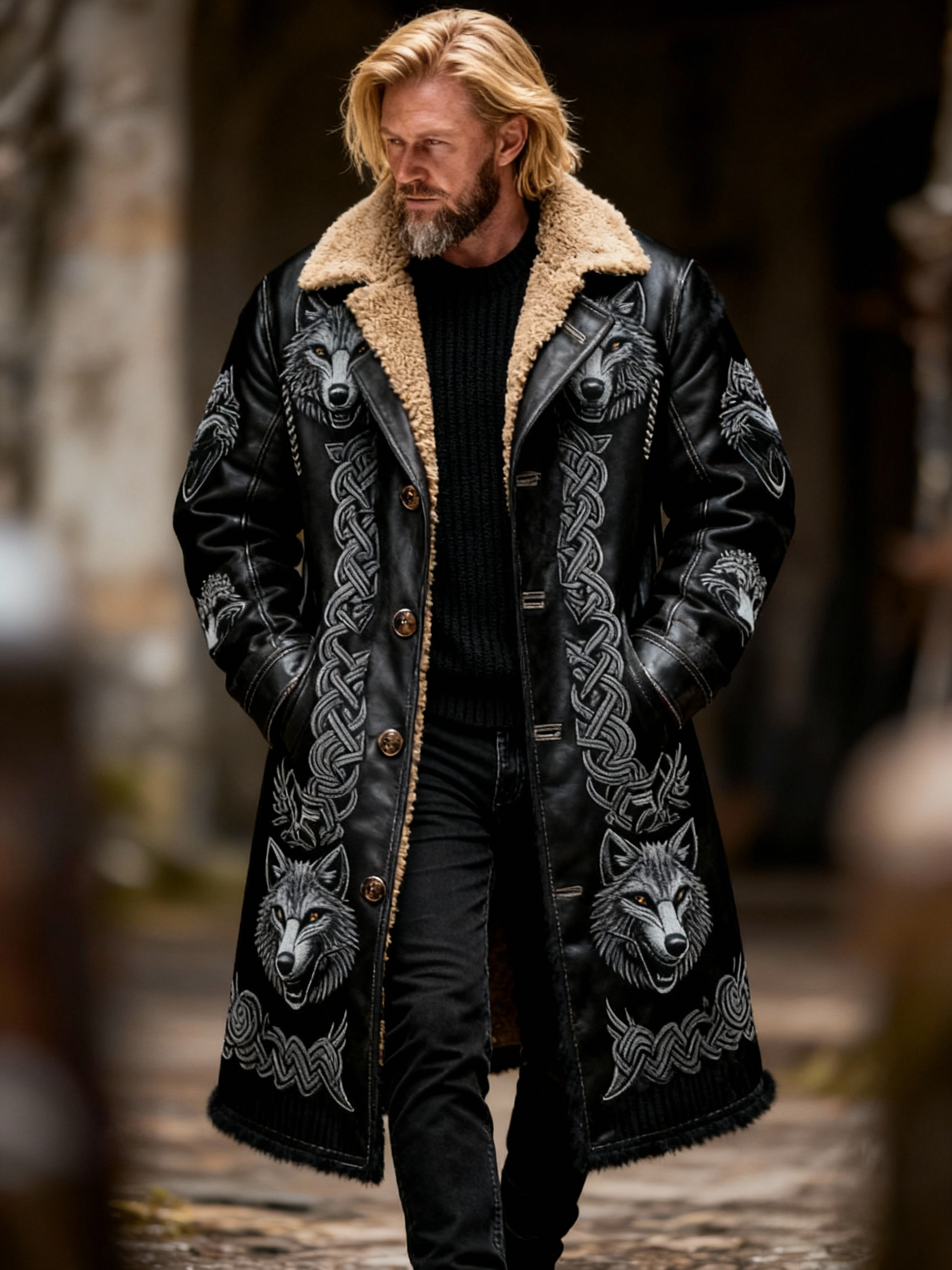 Men's Viking Wolf Head Kettle Knot Fleece Collar Leather Jacket