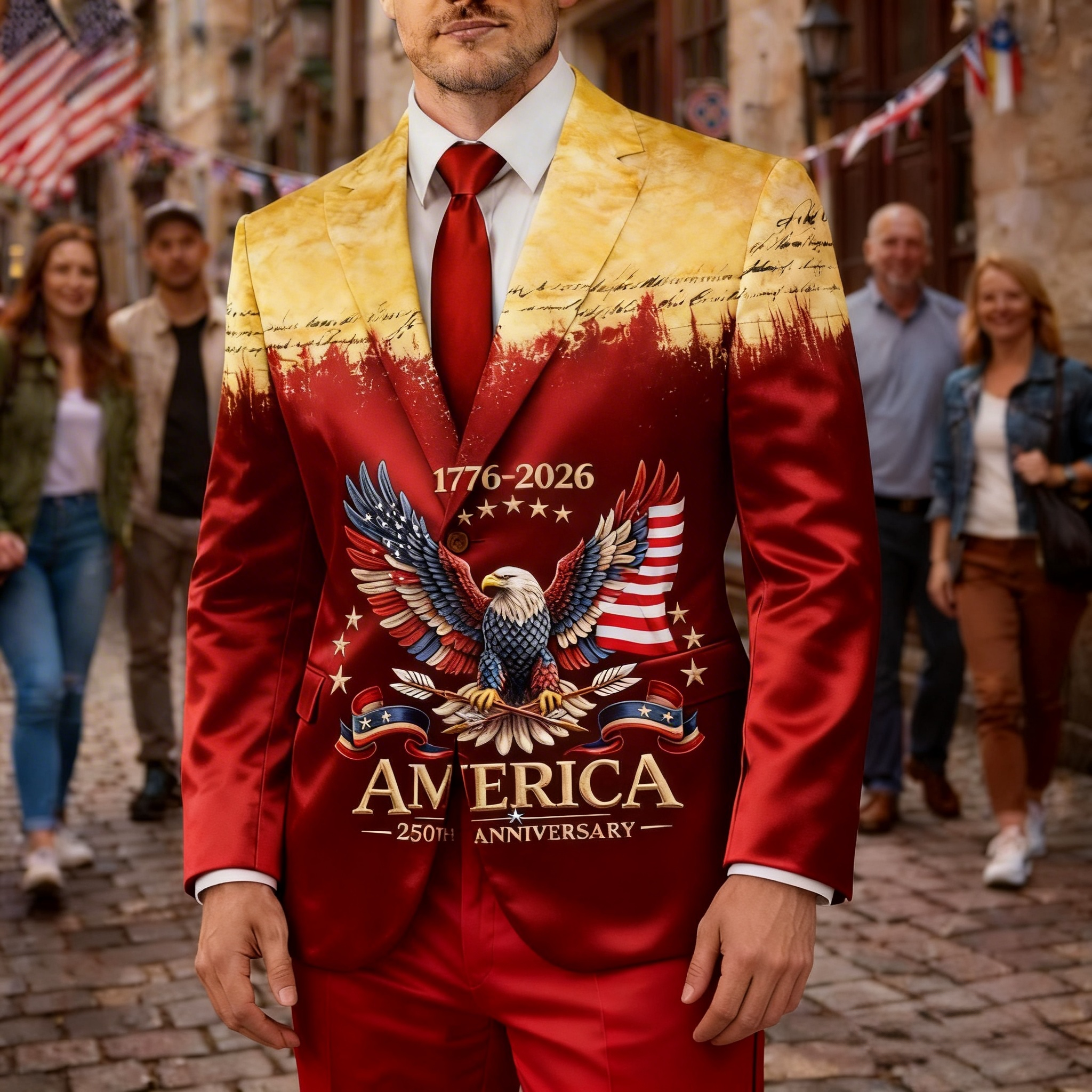 Men's America 250th Anniversary Red Gold Satin Blazer Suit 