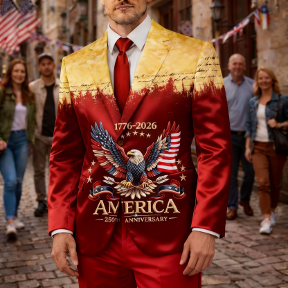 Men's America 250th Anniversary Red Gold Satin Blazer Suit 