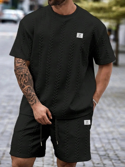 Men's Solid Textured Knit Patched Tee & Drawstring Waist Shorts Set