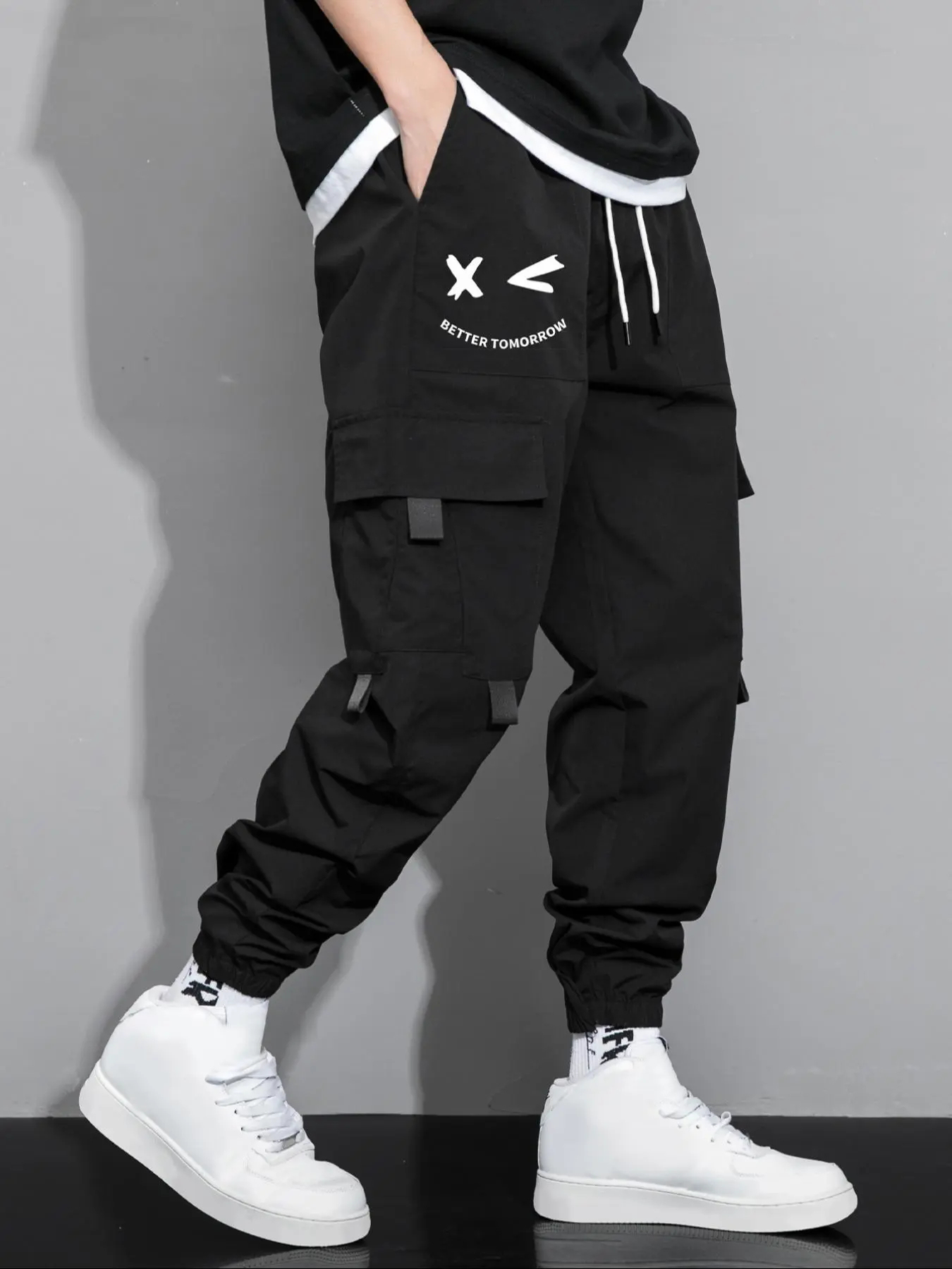 Men's Cartoon Face & Letter Print Drawstring Waist Cargo Pants