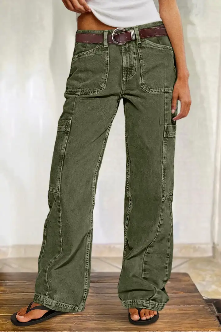 Women's Button Detail Mid Waist Straight Leg Cargo Pants Without Belt