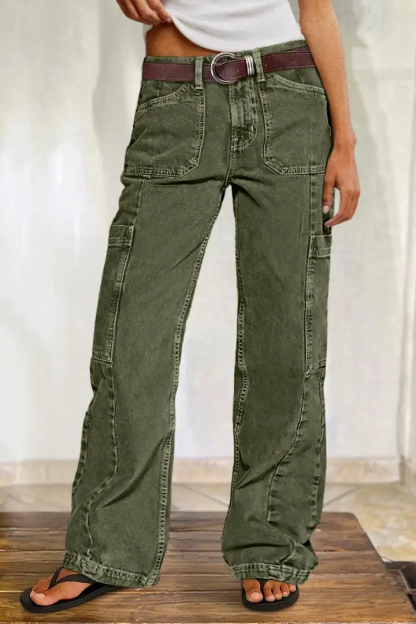 Women's Button Detail Mid Waist Straight Leg Cargo Pants Without Belt