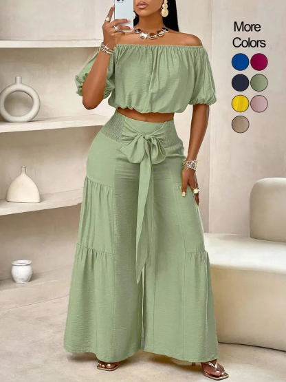 Women's Beach Vacation Bow Shoulderless Round Neck Shirt Wide Leg Pants Sets