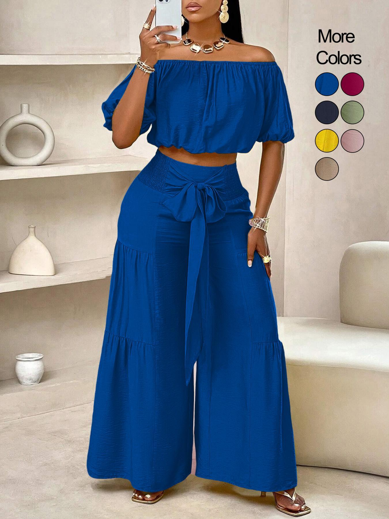 Women's Beach Vacation Bow Shoulderless Round Neck Shirt Wide Leg Pants Sets