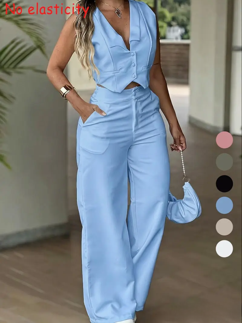 Women's Sleeveless Waist Cinching Vest Set, Wide Leg Pants
