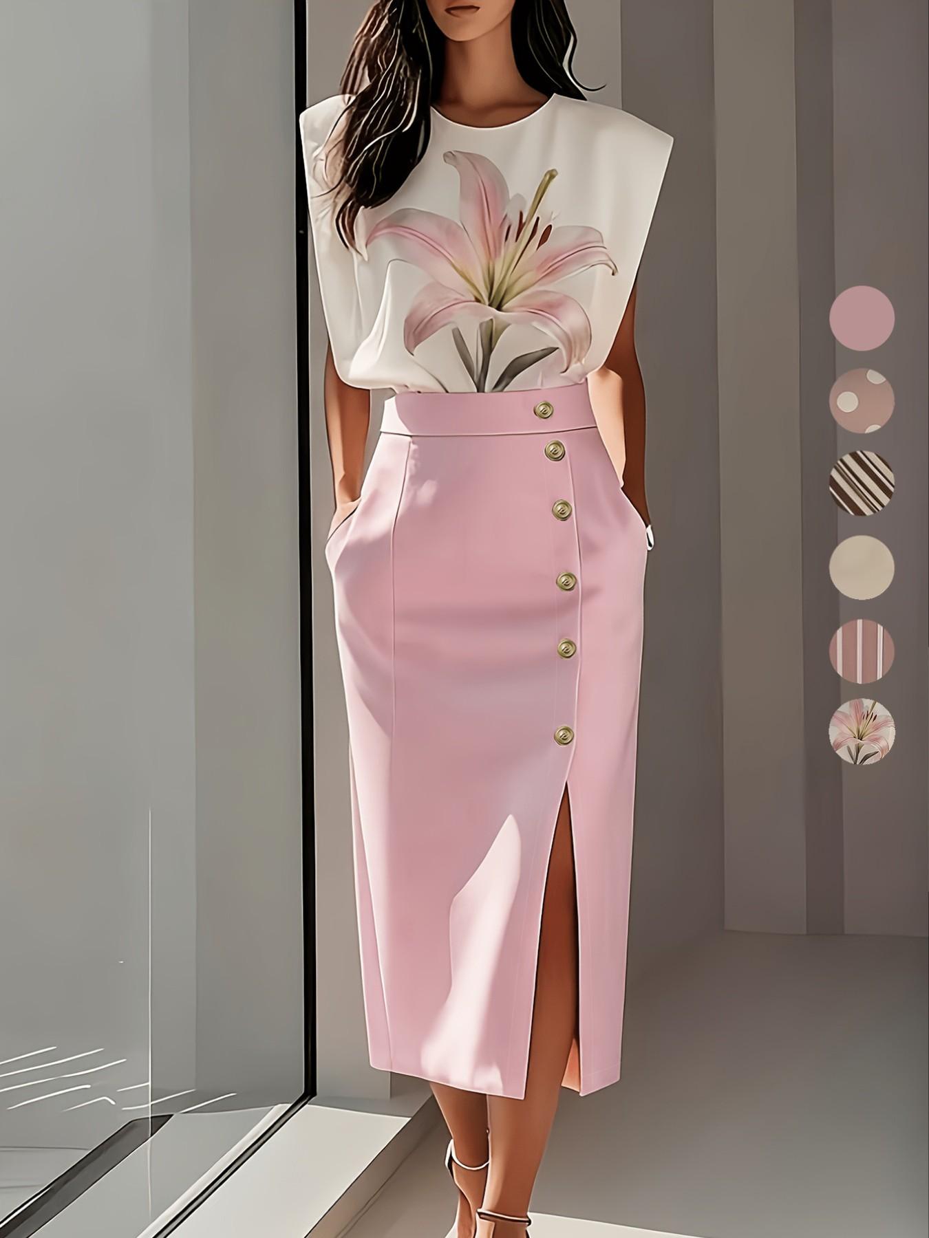 Women's Elegance Button Split Versatile Striped Mid-Length Slimming Dress