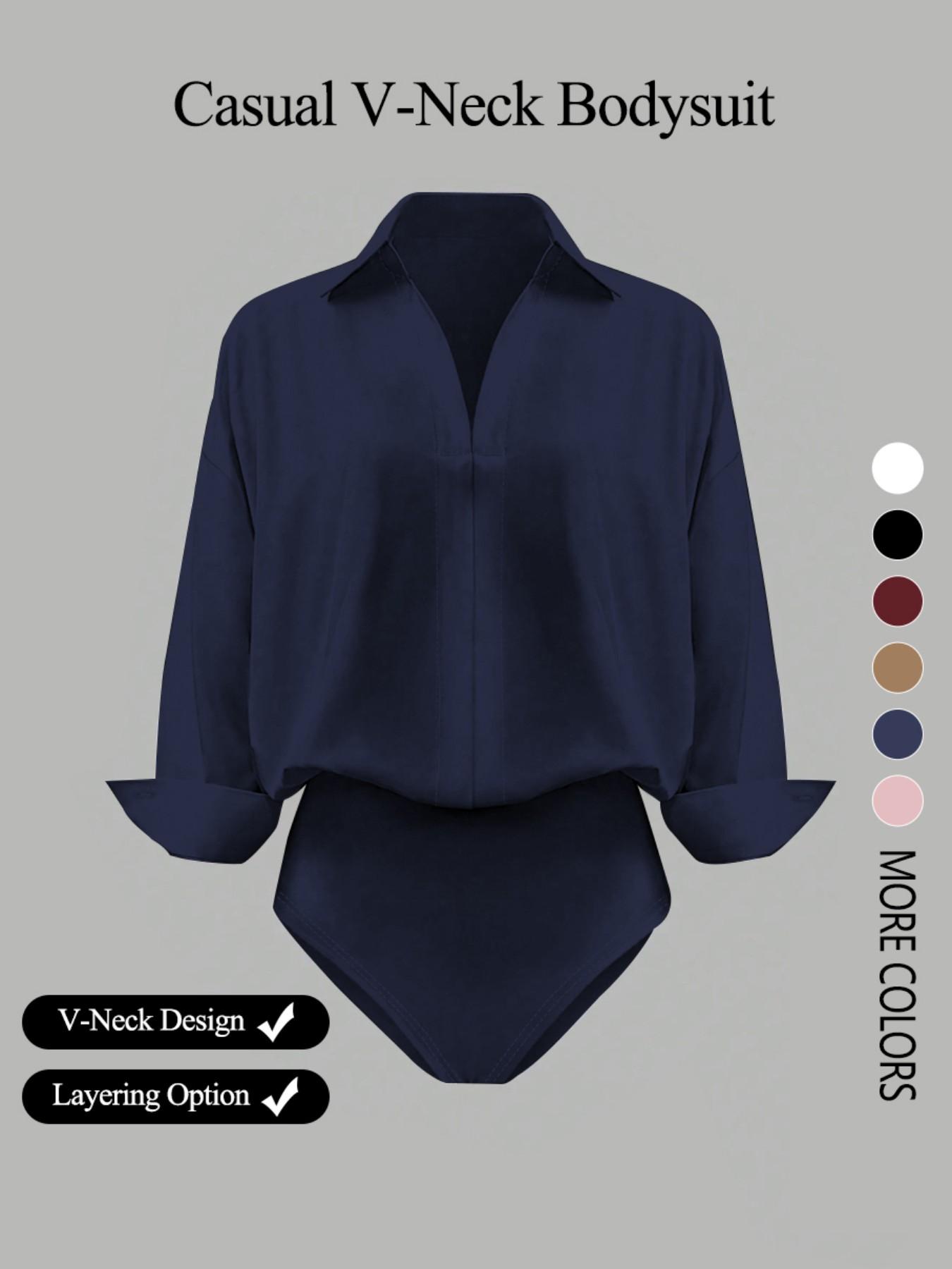 Women's casual loose V-neck long-sleeved shirt jumpsuit, Womenswear, elegant woven fabric, slim fit, suitable for all seasons, and can be layered flexibly, Bodysuit