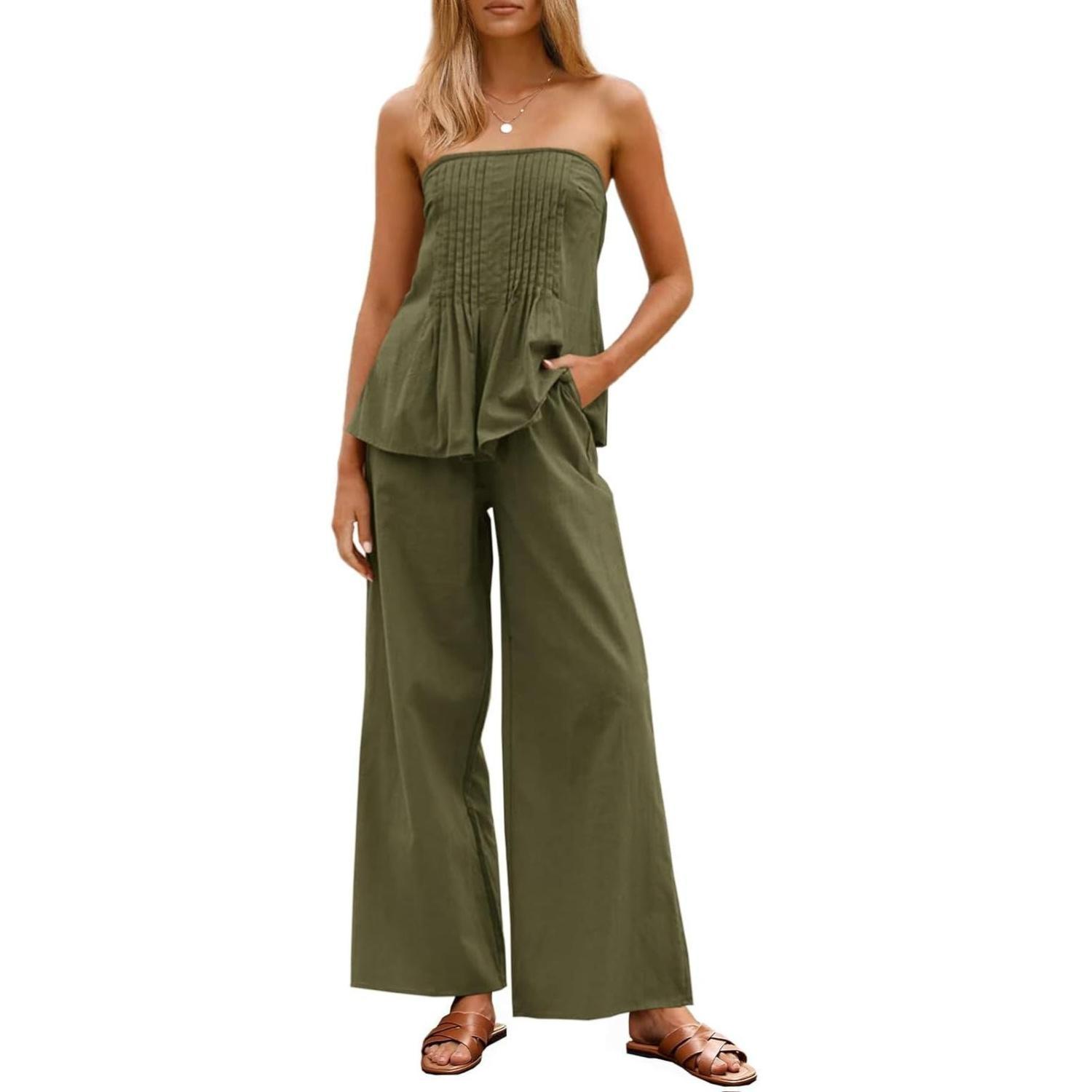 Women's Vacation Strapless Cotton Tube Top & Wide Leg Pleated Pants Matching Set