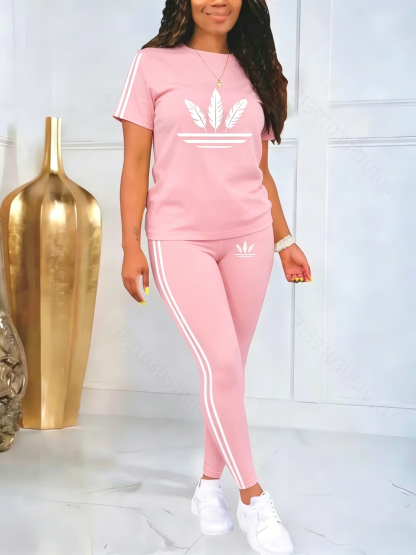 Women's Printed Casual Sporty Round Neck Drawstring Short Sleeve Two-Piece Set