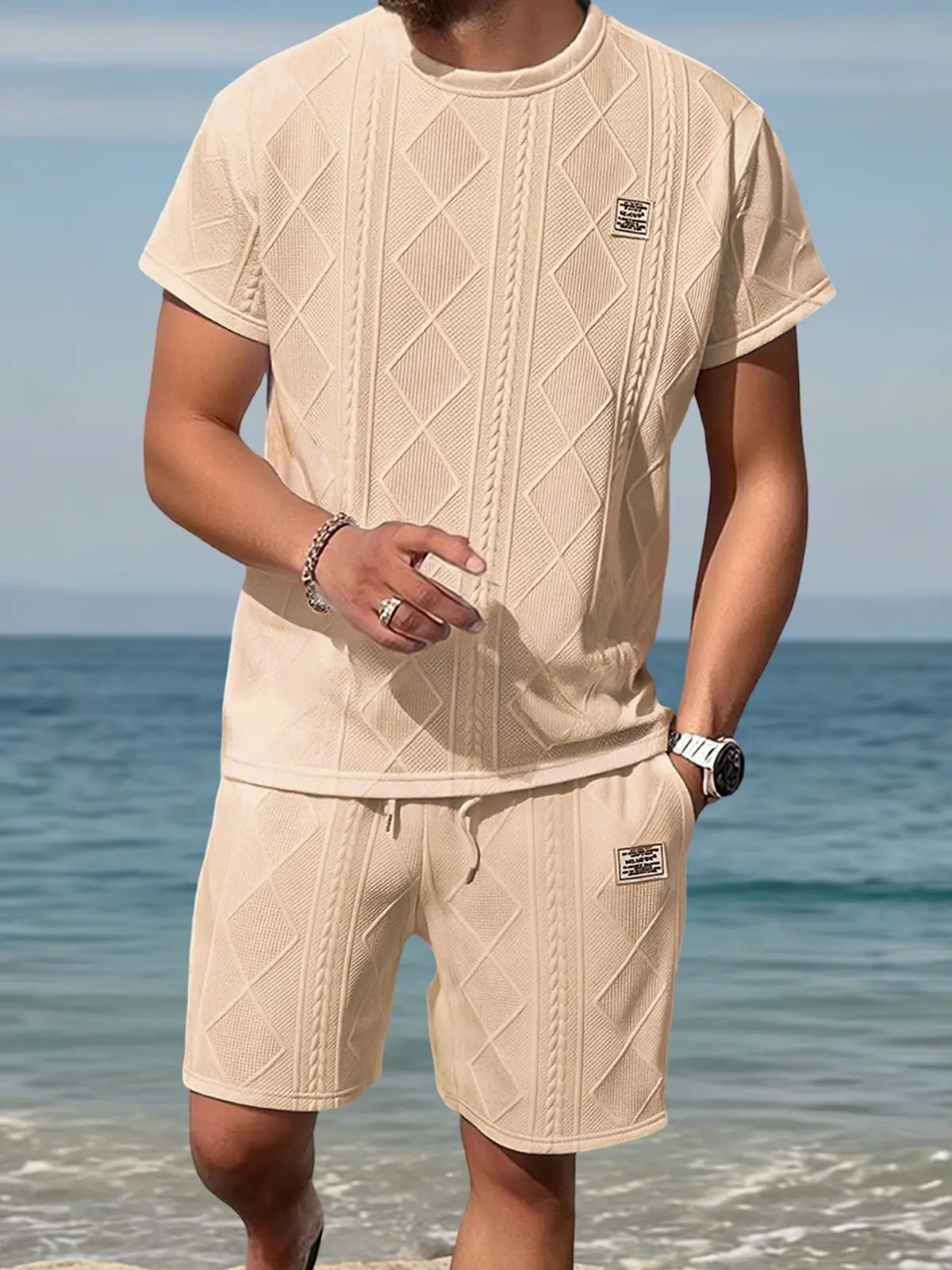 Men's Casual Summer Jacquard Texture Fabric Breathable 2-Piece Sports Suit