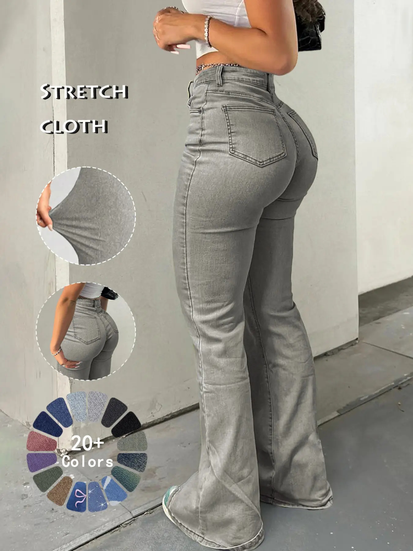 Women's Casual Button Fly Pocket Design High Waist Flare Leg Jeans