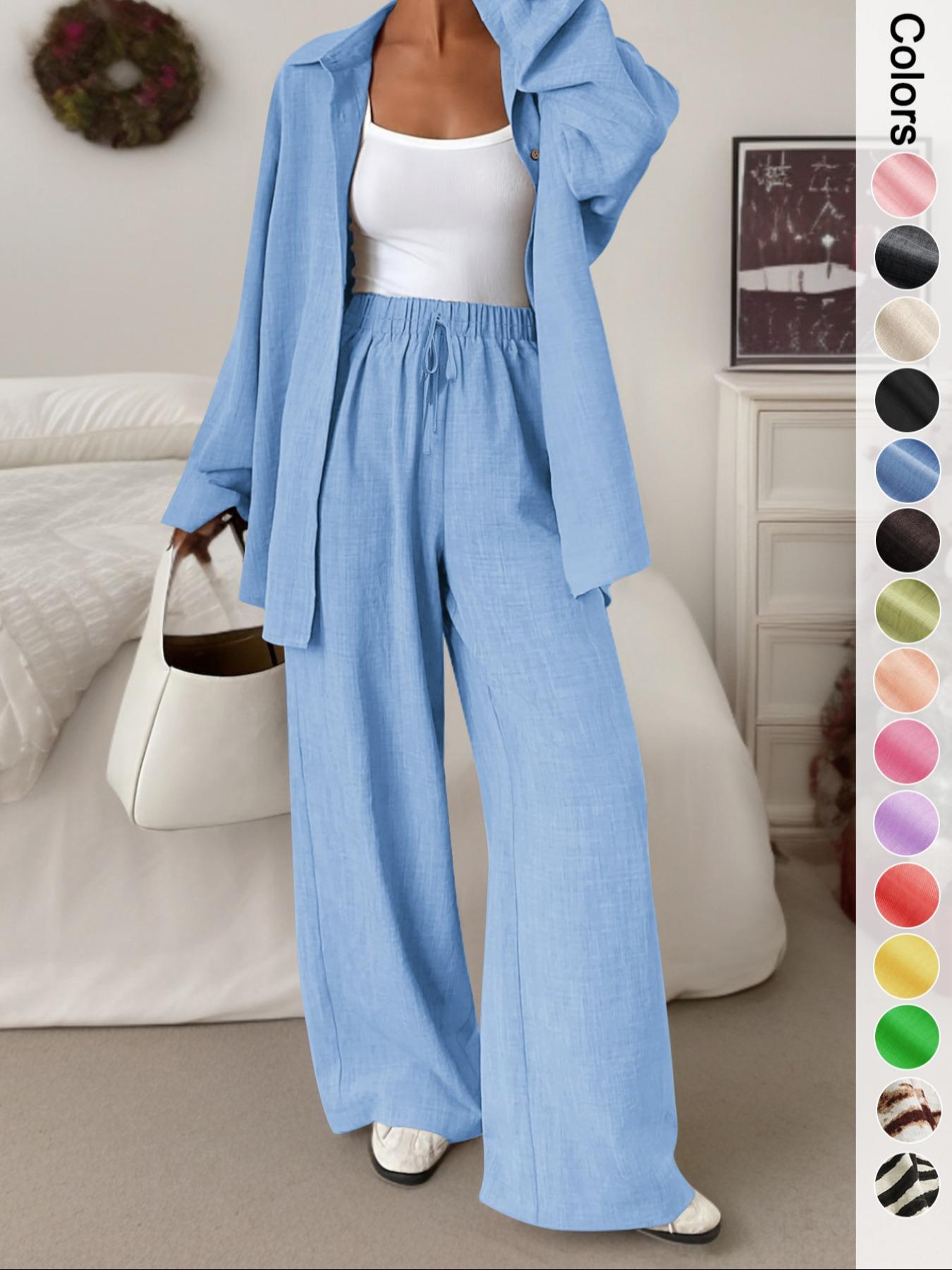 Women's Casual Sporty Shirt and Long Pants Set, Loose Button-Up Top and Wide-Leg Pants Two-Piece Set, Comfortable and Stylish