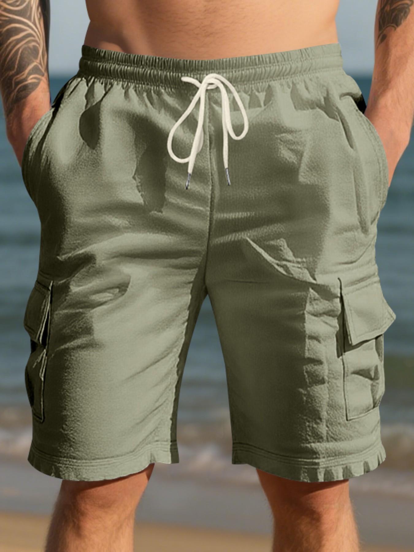 Men's Multi-Pocket Linen cargo shorts, Drawstring Waist Fitted Casual Shorts, Lightweight Breathable Beach Pants for Summer Outdoor Daily Wear