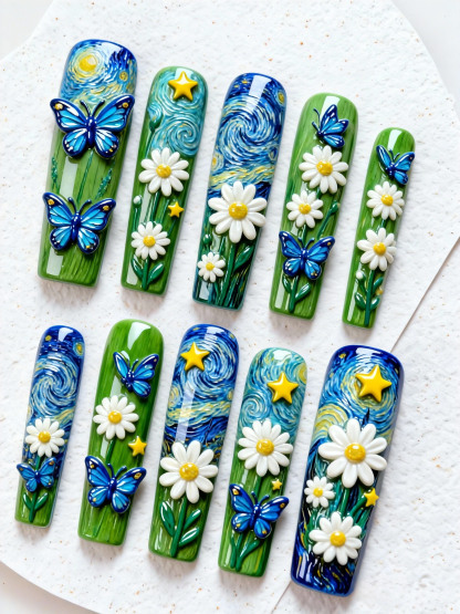 10-piece set of Van Gogh Starry Night x Daisy & Butterfly Art Medium-length Press-type Nail Stickers