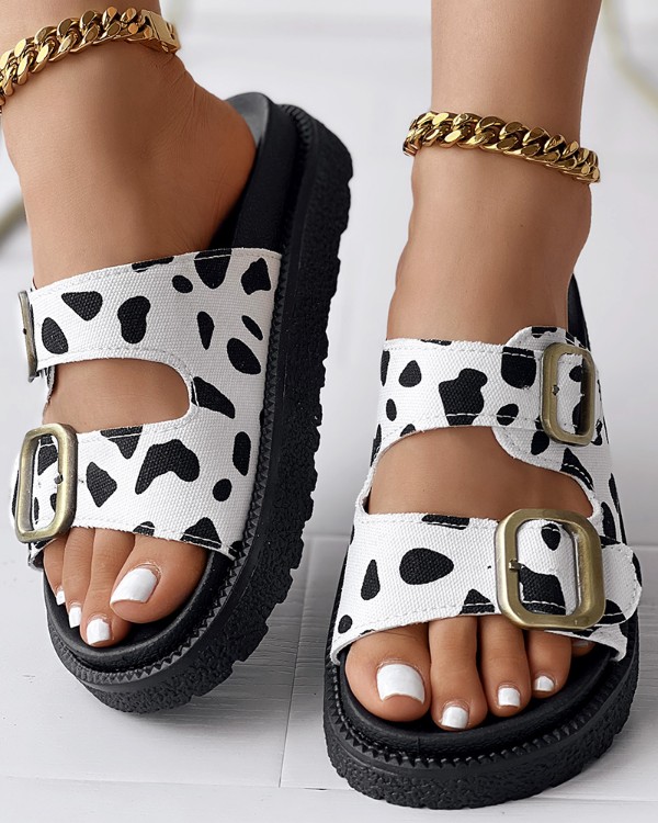 Cow Print Buckled Double Strap Slippers Outdoor Sandals